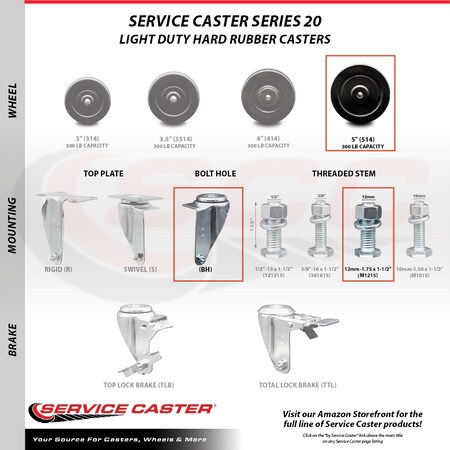 Service Caster 5 Inch Hard Rubber Wheel Swivel 12mm Threaded Stem Caster Brakes SCC, 2PK SCC-TS20S514-HRS-M1215-2-TLB-2